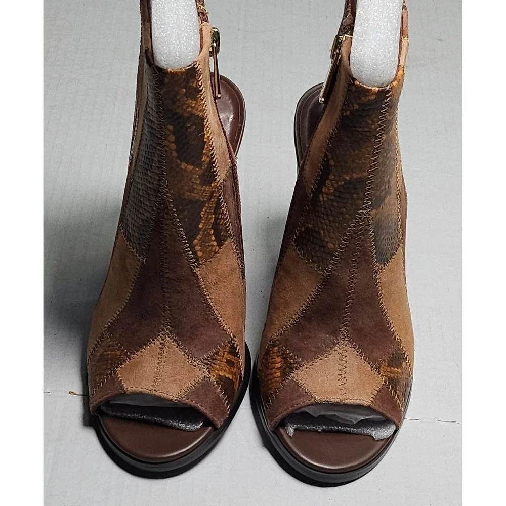 C‎ Wonder Ivy Tan Brown Patchwork Snakeskin Suede Peep Toe Block Heel Booties 5M